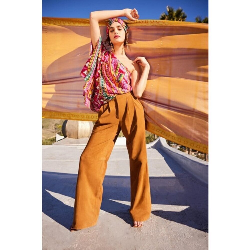 💕TRINA TURK💕 Daru Suede Pants ~ 100% Goat Leather Cognac Brown 10 NWT